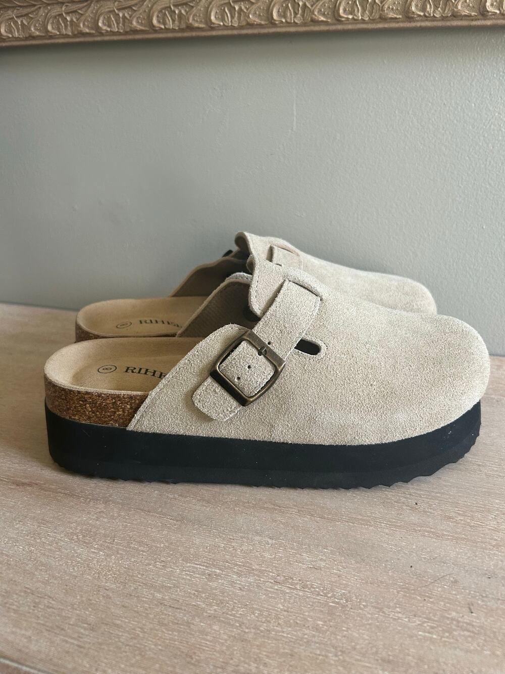 Rihero Suede Slip On mules Beige Platform Sole Cushioned Footbed  Casual Comfort